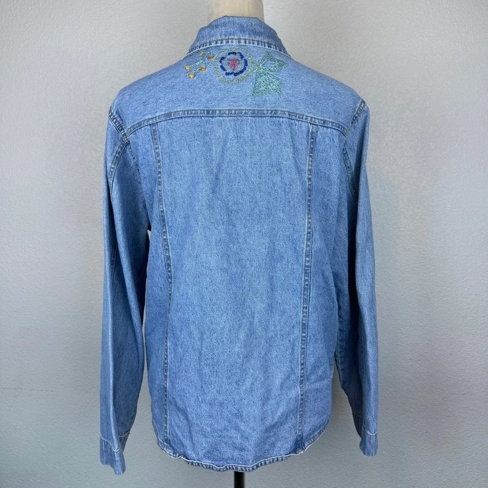 Vintage 90s White Stag Denim Beaded Jacket Embroidered Floral Button Up Large - Picture 7 of 10